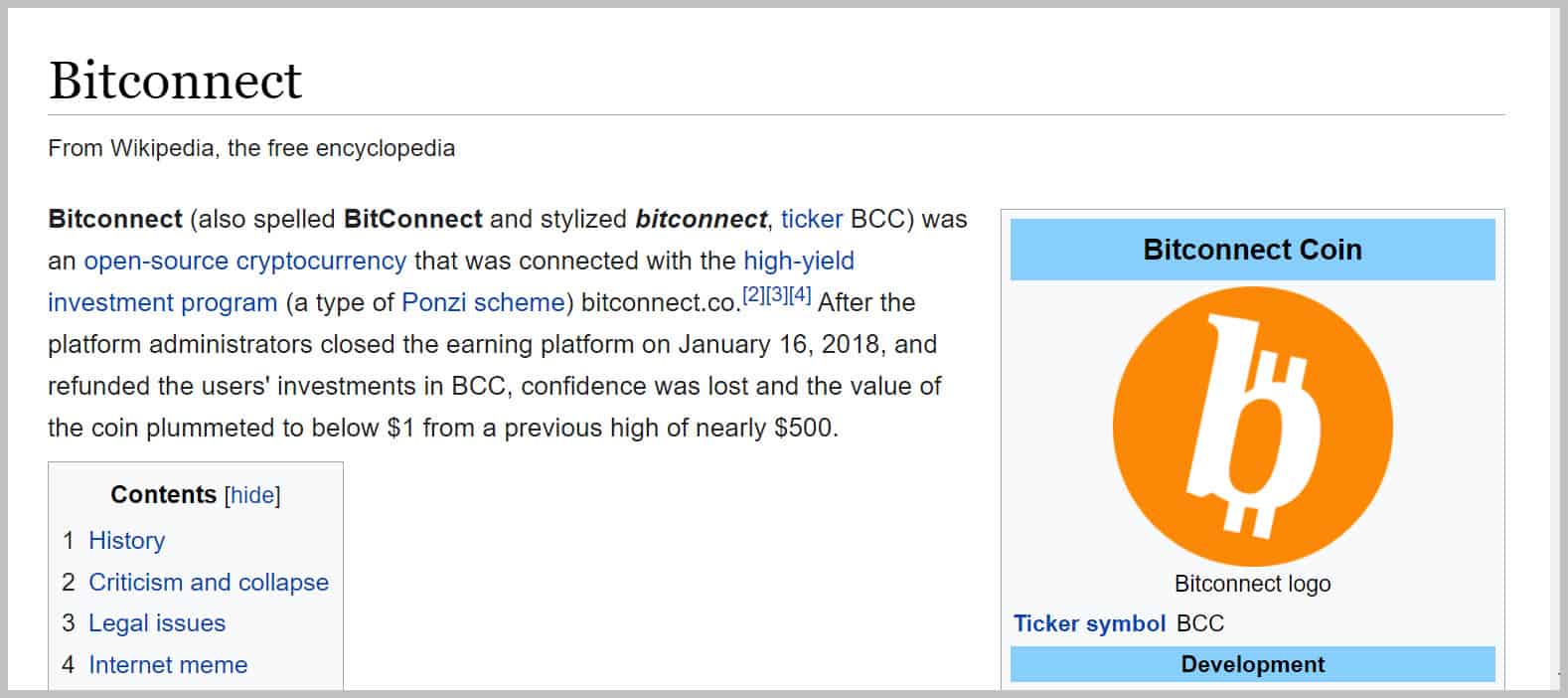 BitConnect On Wikipedia