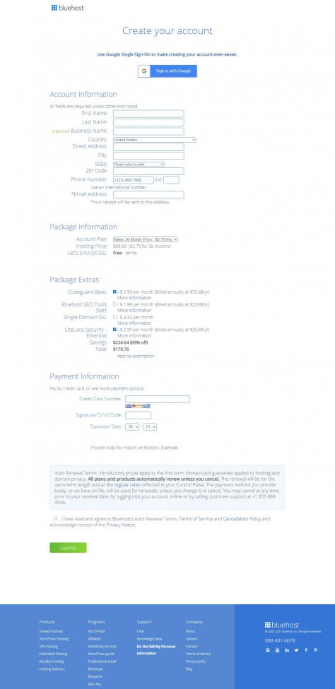 Bluehost Create Your Account