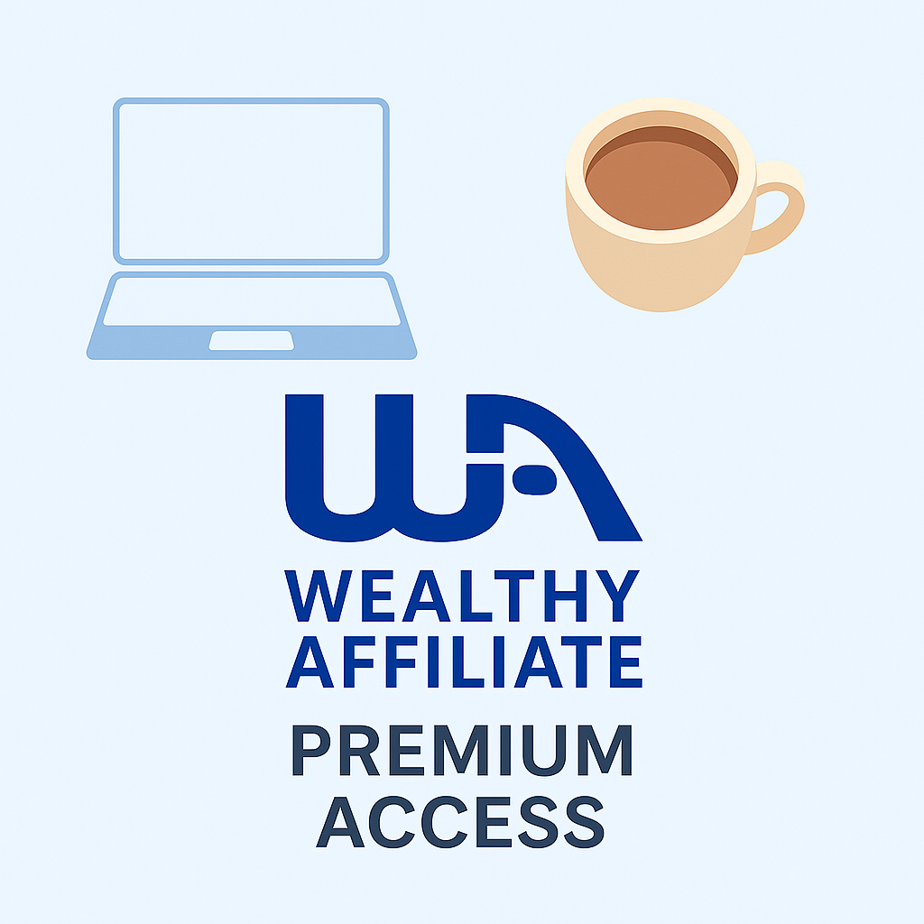 Minimalist Wealthy Affiliate Premium Access design with laptop, coffee, and WA logo. Minimalist Wealthy Affiliate Premium Access design with laptop, coffee, and WA logo.